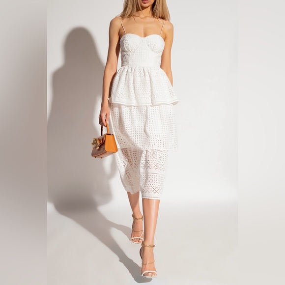 Self Portrait NEW White Cotton Broderie Anglaise Midi Dress Size
